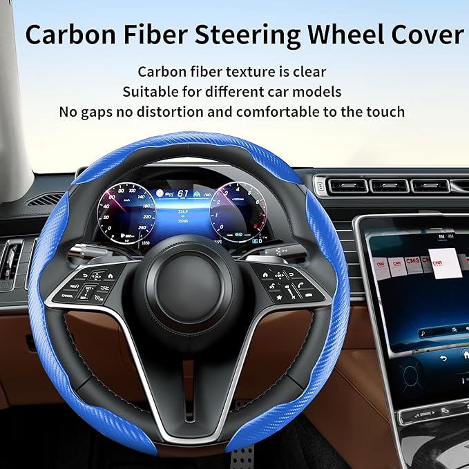 LevChall Carbon Fiber Steering Wheel Cover, 3-Piece Set Anti-Skid Comfortable Grip Segmented Butterfly Design, Easy Snap-On Installation Universal Fit 99% Cars, Blue