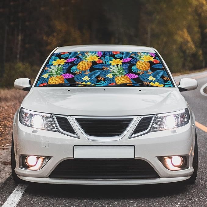 DOPINDU Hawaiian Pineapple Car Windshield Sun Shade Umbrella Bendable Handle Foldable Funny Sunshade for Car Windshield Block UV Rays Keep Vehicle Cool for Most Sedans SUV Trucks Cars 57"x30"