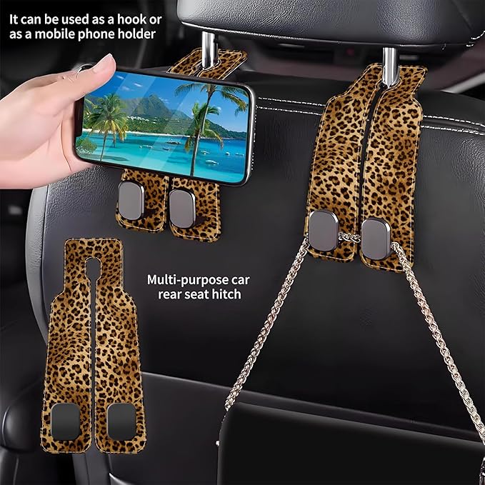 AEWNUNK 1 Pack Car Seat Headrest Hooks for Purses and Bags Abstract Brown and Black Leopard Bag Purse Holder for Car with Double Metal Hooks Car Purse Hanger Hanging Accessories