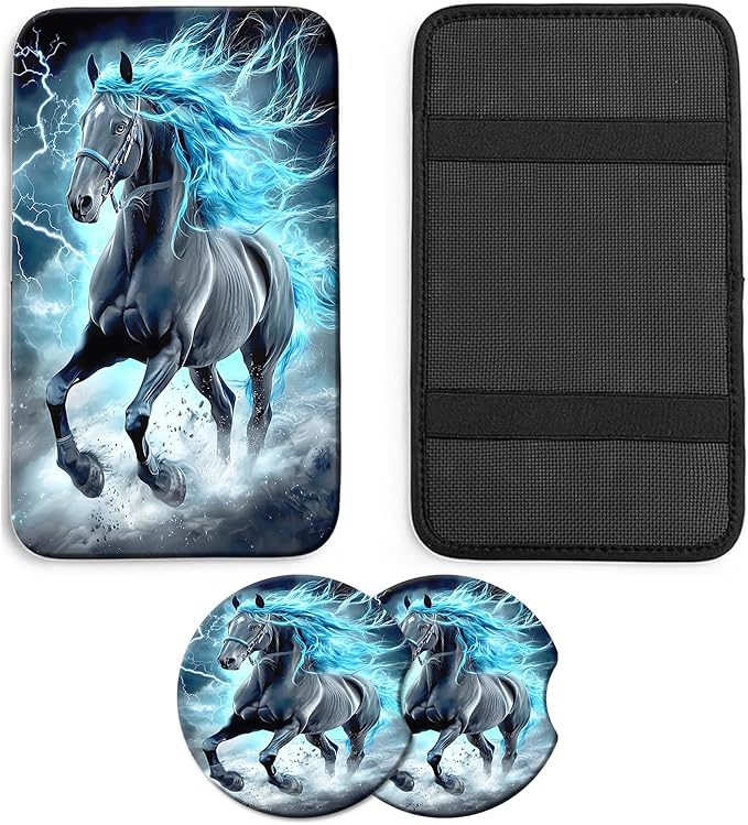 JANENFNA Car Armrest Cover Pads Universal Fashion Cute Auto Center Console Armrest Cover Pad with 2PCS Car Coasters Soft Waterproof Car Armrest Seat Protector for Women,Lightning Mane Horse