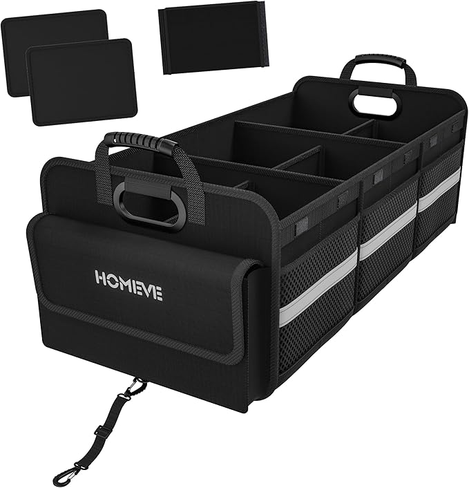 Homeve Trunk Organizer for Car, Collapsible Storage Box, Car Storage Organizer, 6 Compartment, Multi Pockets, Non Slip Strips, 2 Adjustable Securing Straps, Black