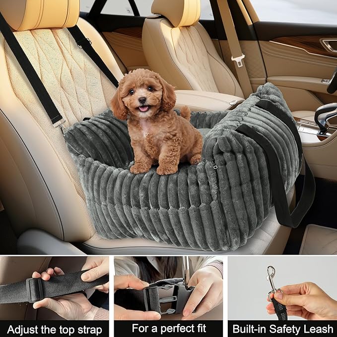 HOMLOVE Dog Car Booster Seat, for Small Dogs Under 30 lbs, Detachable Washable Travel Bed with Storage Pockets and Safety Belt (Grey, Medium)