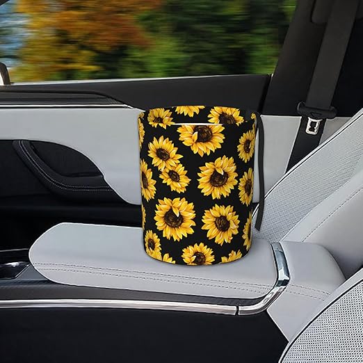 KXWQTRDD Car Garbage Bag Abstract Yellow Sunflower Mini Car Trash Bin Portable Collapsible Waterproof Rubbish Bag for Car Accessories Back Front Seat Cup Holder