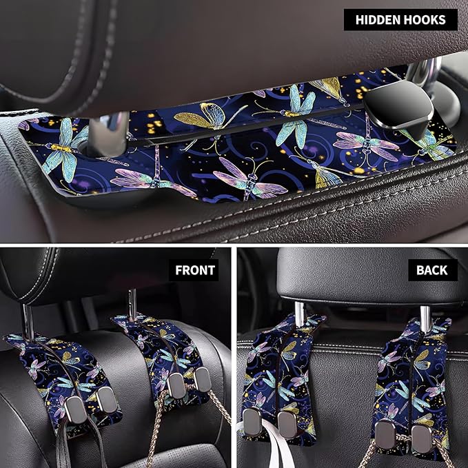 AXBSAKDI Car Seat Back Storage Headrest Hook, Premium Leather Double Metal Hook, Hanger Storage Organizer for Purse Cloth Bag, Car Interior Accessories Cute Colorful Dragonfly
