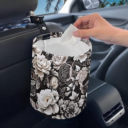 Brosoneto Car Trash Can - Black and White Flowers Printing Garbage Bin Decoration for Car Interior, Front Seat, Back Seat, Floor, Headrest - SUV, Trucks