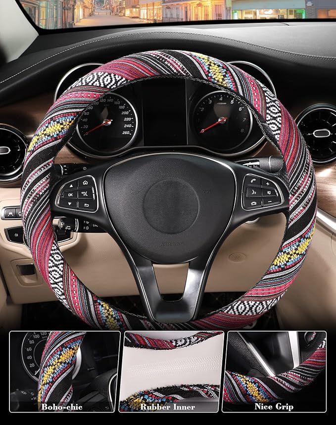 SEG Direct Boho Steering Wheel Cover with Baja Blanket Cloth, Ethnic Style Auto Wheel Cover Made of Coarse Flax, Fits 14 1/2-15 1/4 inches Car Wheel