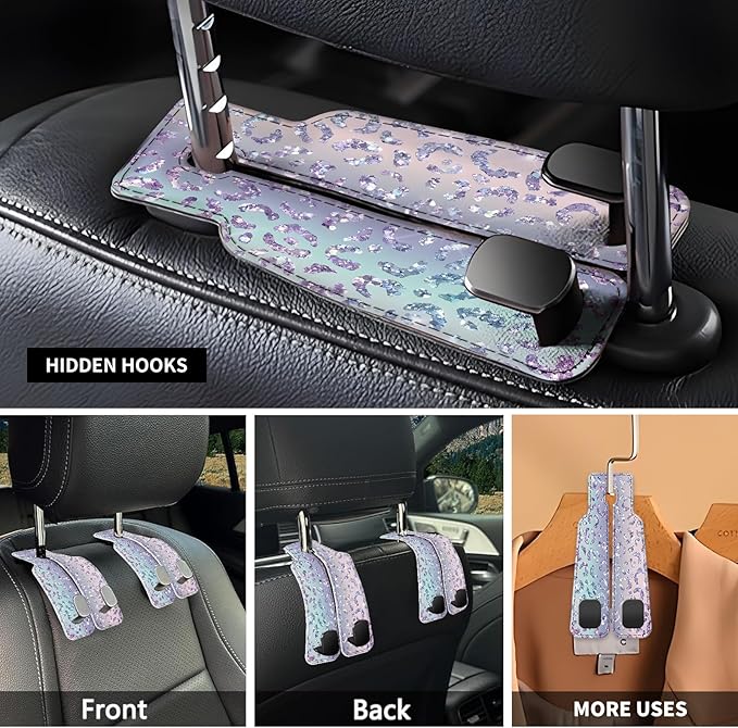 NUGGHU Car Seat Headrest Hook, Universal Leather Cute Hanger Holder Hook, Storage Organizer Interior Accessories for Purse Bags Handbag Glitter Purple Leopard