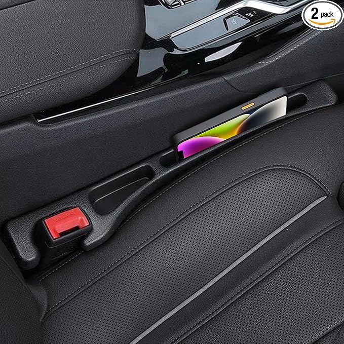 FOLUMAD Car Seat Gap Filler, 2 Pack No-Drop Seat Side Gap Seam Filler Organizer with Phone Holder, Universal Fit Fill The Gap Between Seat and Console, Perfect for Car SUV Truck Black