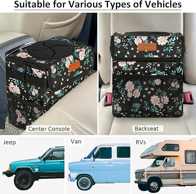 ELONGRIVER Car Trash Can Bin for Back Seat Leak Proof, Cute Car Trash Bag Hanging, Vehicle Trash Can for SUV Truck Van, Automotive Garbage Cans Front Seat Colorful Floral, 2 Gallons
