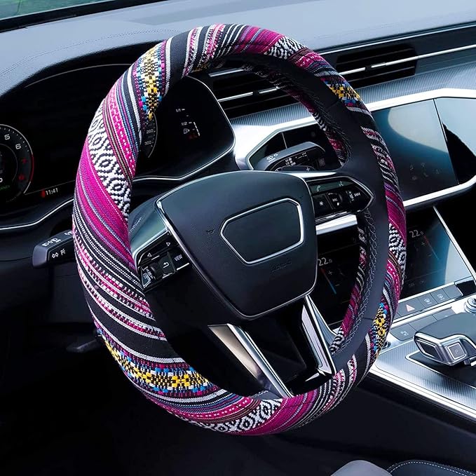 Limsas Boho Steering Wheel Cover Elastic Microfiber for Women, Universal Fit 15 inch Car SUV, Hippie Style Protector Cover, Anti-Slip, Breathable, Absorbing Sweat - 03