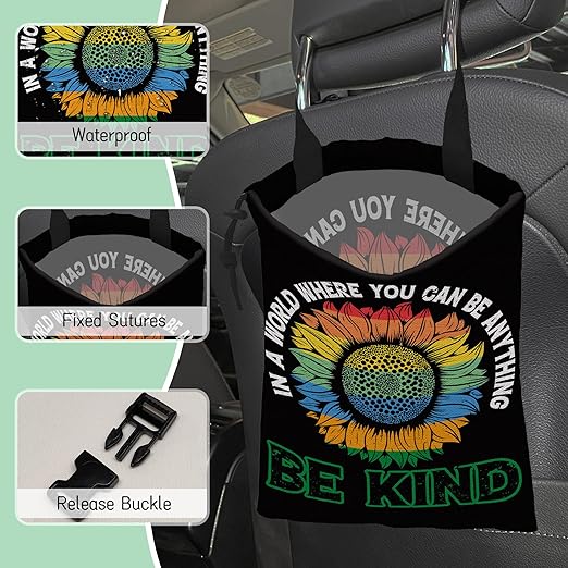 NHNXHWIA Peace Car Trash Bag,Be Kind Hanging Drawstring Car Garbage Bag,Waterproof Canvas Car Back Seat Organizer with Adjustable Buckle,for Vehicles,SUVs,Camping,Road Trips