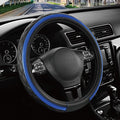 Road Comforts Leather Steering Wheel Cover – Black & Blue, Universal Fit 14.5-15 Inch, Microfiber Leather, Anti-Slip & Breathable Design for Men and Women