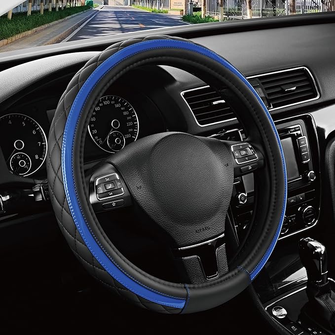 Road Comforts Leather Steering Wheel Cover – Black & Blue, Universal Fit 14.5-15 Inch, Microfiber Leather, Anti-Slip & Breathable Design for Men and Women