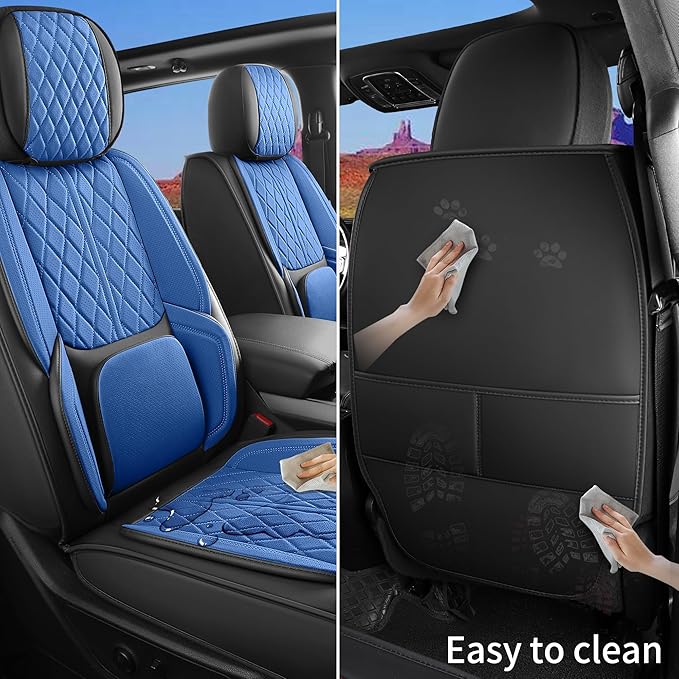 Universal seat Covers Fit for Cars, SUV, Sedans, with Durable and Breathable Leather(Black & Blue, Full Set)