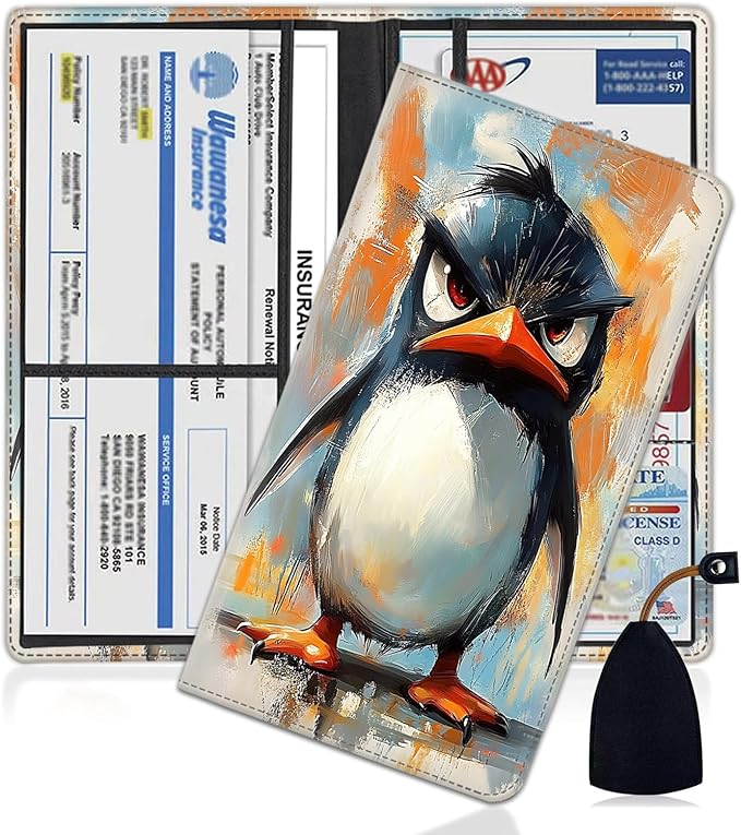 Car Document Holder with Magnetic Shut, Car Registration and Insurance Card Holder, Vehicle Glove Box Organizer Documents, Driver License, Auto Paperwork Organizer Wallet, Funny penguins Pattern