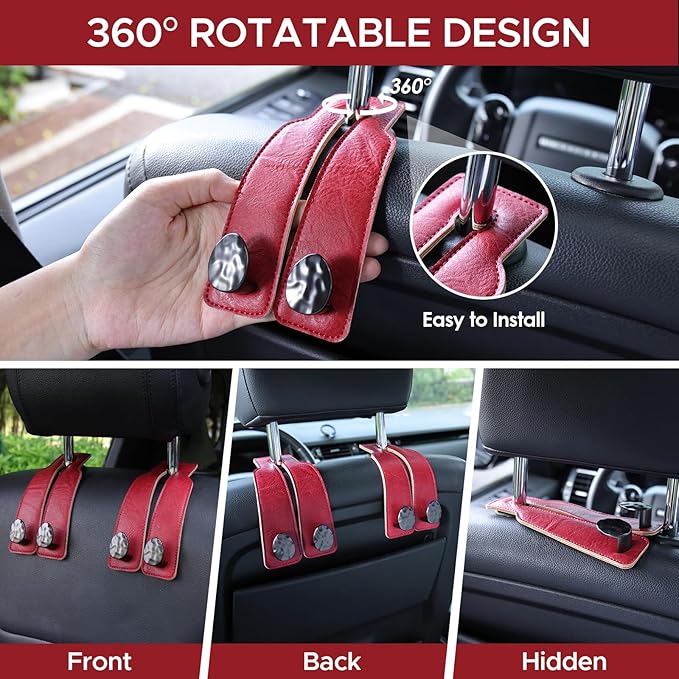 URIZZD 2PCS Leather Car Seat Hooks for Headrest, Vehicle Hanger Storage Organizer Universal for Handbag Purse, Car Accessories Gift (Red-Black)