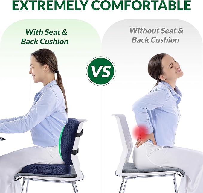 FuturaLoom Charcoal Memory Foam Seat Cushion & Adjustable Lumbar Pillow Set - Back Support for Pain Relief (Sciatica,Tailbone),Washable & Non-Slip,Multipurpose for Office,Car,Wheelchair - Navy Blue