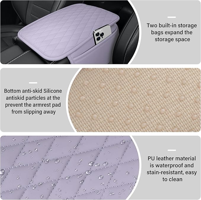 Amiss Car Center Console Cover, Upgraded Leather Car Armrest Cushion with 2 Storage Pockets, Universal Waterproof Cushion Pad, Non-Slip Car Interior Accessories, Fits Most Sedans SUVs Trucks (Purple)