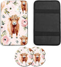 JANENFNA Car Armrest Cover Pads Universal Fashion Cute Auto Center Console Armrest Cover Pad with 2PCS Car Coasters Soft Waterproof Car Armrest Seat Protector for Women,Highland Cow with Flower