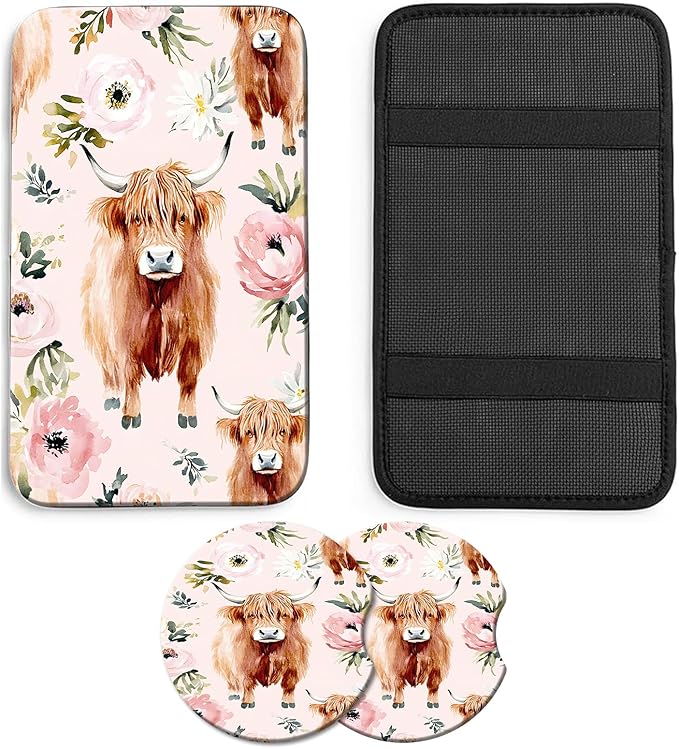 JANENFNA Car Armrest Cover Pads Universal Fashion Cute Auto Center Console Armrest Cover Pad with 2PCS Car Coasters Soft Waterproof Car Armrest Seat Protector for Women,Highland Cow with Flower