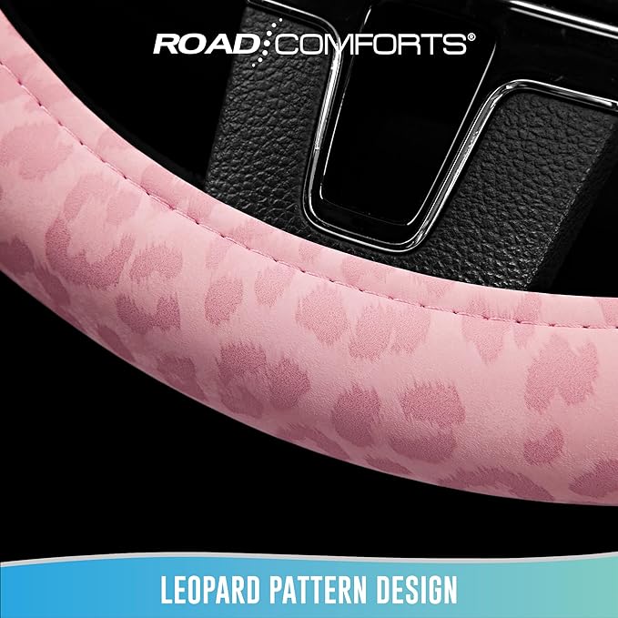 Road Comforts Leopard Steering Wheel Cover - Made with PVC Leather Cheetah Print - Anti-Slip, Universal Fit 14 1/2 inches to 15 inches - Pink