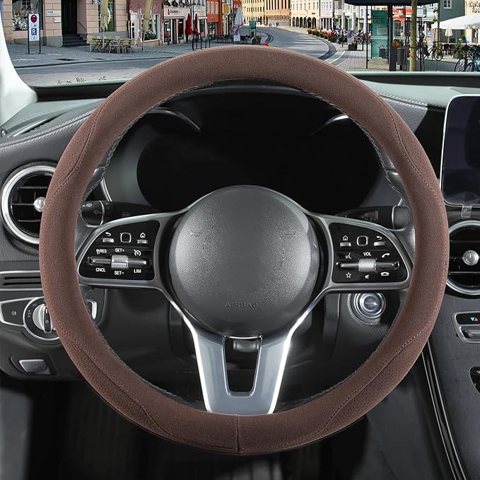 14 inch Brown Suede Steering Wheel Cover, Breathable Non-Slip Sweat-Proof Wear-Resistant No Pilling, Warm in Winter and Cool in Summer