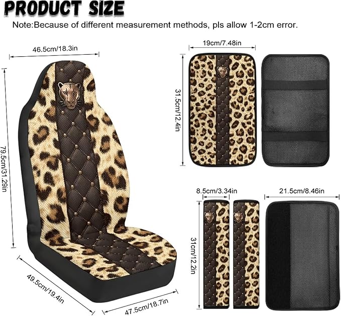 Qeluxign 5 Piece Car Seat Covers Full Set for Men Women PU Leather Front Seats Cover Auto Seatbelt Shoulder Pads Vehicle Center Console Armrest Cover,Leopard Print Panther Head