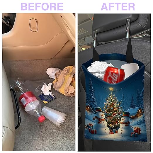 UUCBTAH Car Trash Bag Hanging Merry Xmas Car Trash Can for Back Seat Waterproof Car Trash Bin with Adjustable Straps and Drawstring for Car Accessories Vehicle Travelling Camping