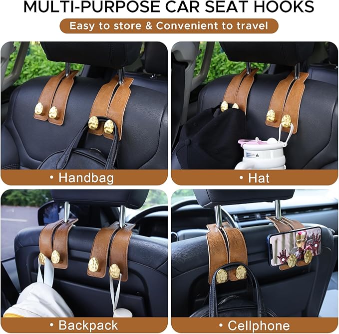 URIZZD 2PCS Leather Car Seat Hooks for Headrest, Vehicle Hanger Storage Organizer Universal for Handbag Purse, Car Accessories Gift (Brown-Gold)