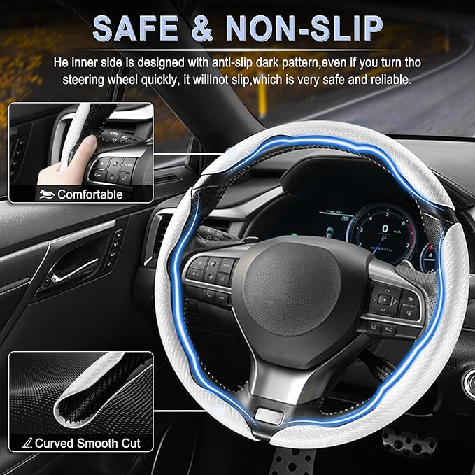 Amiss 3pcs Carbon Fiber Anti-Skid Steering Wheel Cover, Waterproof & Segmented Butterfly Design, Universal 99% Vehicle Wheel Cover Protector, Car Interior Accessories, White