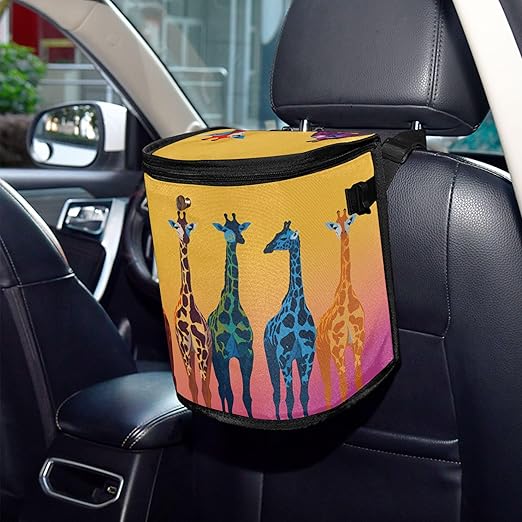 MNSRUU Car Trash Can with Lid, Funny Giraffe Car Trash Bag Hanging Organizers and Storage for Front Back Seat, Leak-Proof Trash Bin