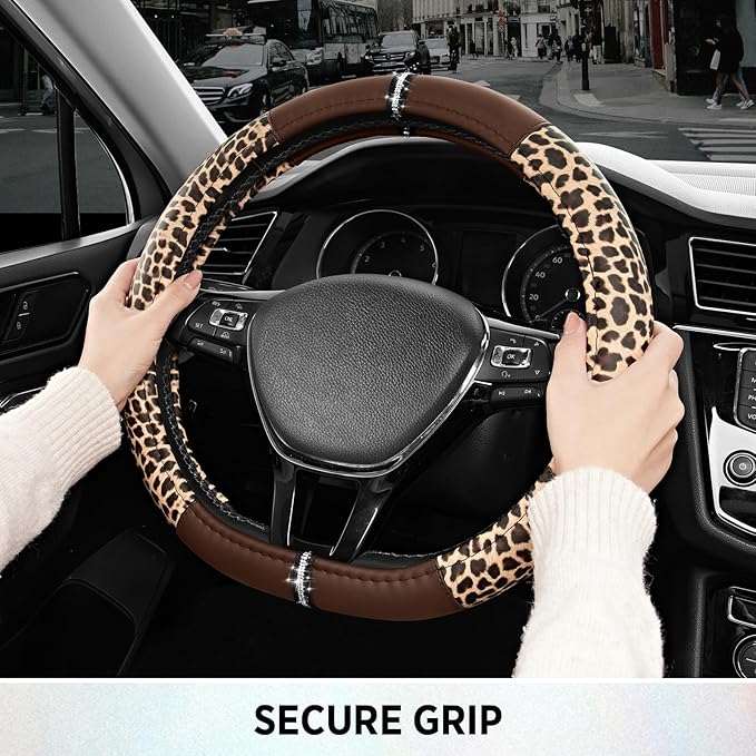 Road Comforts Leopard Steering Wheel Cover - Made with PVC Leather Cheetah Print, D-Shaped Automotive Steering Wheels - Anti-Slip, Universal Fit 14 1/2 inches to 15 inches - Brown