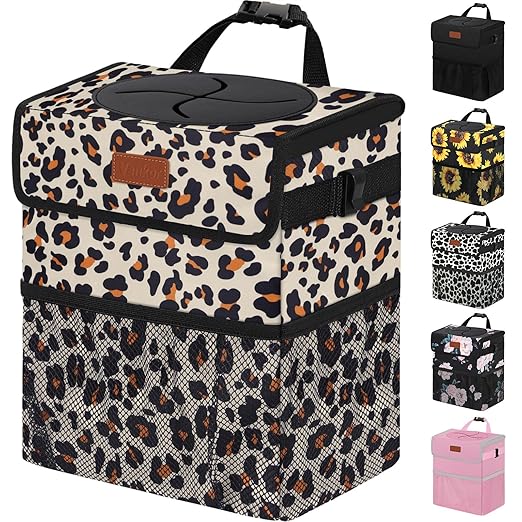 Vankor Cute Car Trash Can, Car Accessories for Women Interior Can Trash Bag Hanging Automotive Garbage Cans Leopard Pattern