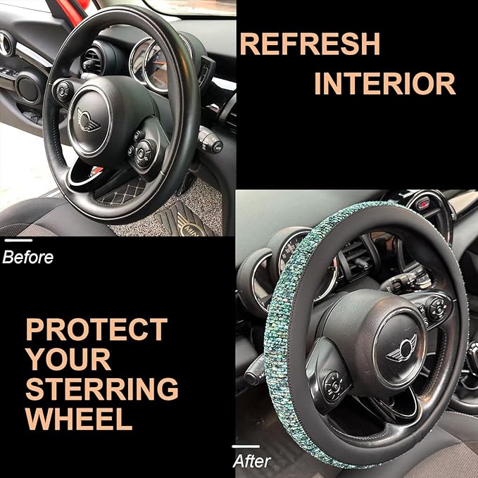 PINCTROT Large Size Chenille Leather Steering Wheel Cover, Soft Mottled Colors, Sweat-Proof, Non-Slip Grip, All-Season Comfort, 15.5-15.75 Inch(Mottled Teal)