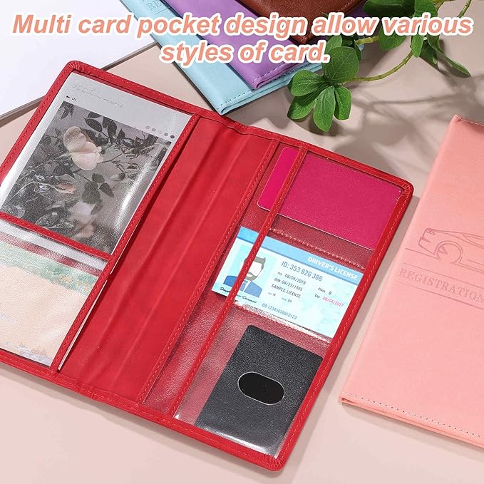 HARFINGTON Car Registration and Insurance Holder 9.65" x 4.92" PU Leather Vehicle Glove Box Organizer Storage Accessories Men Women Car ID Holder for License ID Cards Bank Cards, Pink