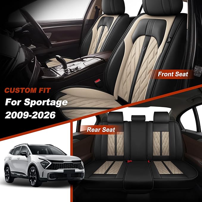 TTX LIGHTING Seat Covers Fit for Kia Sportage 2009-2026 Seat Covers Full Set Car Seat Covers Faux Leather Breathable Waterproof Car Seat Protector (5 Seats, Black&Beige)