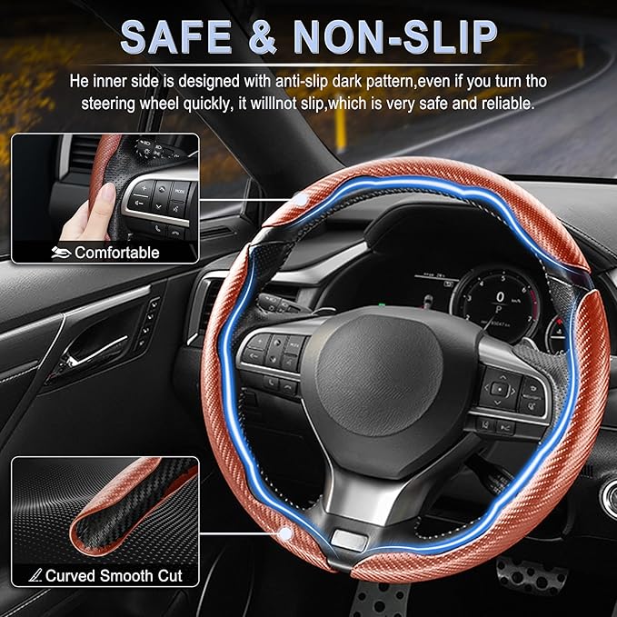 Amiss 3pcs Carbon Fiber Anti-Skid Steering Wheel Cover, Waterproof & Segmented Butterfly Design, Universal 99% Vehicle Wheel Cover Protector, Car Interior Accessories, Champagne