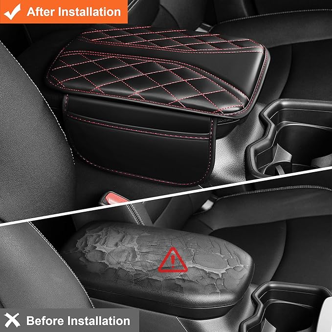 Center Console Cover Fit for CTS: Scratch and Wear Resistant Console Cover Leather with 2 Storage Bags -Upgraded Armrest Coverfor Car,Anti-Scratch Auto Armrest Pad Accessory （Black&Red