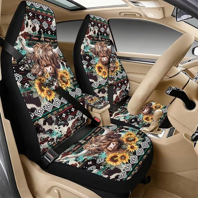 Oramclsy Aztec Tribe Car Seat Covers for Men Highland Cow PU Breathable Armrest Pad PU Breathable Seat Belt Covers 5 Pack Set Accessories Decor Easy to Install