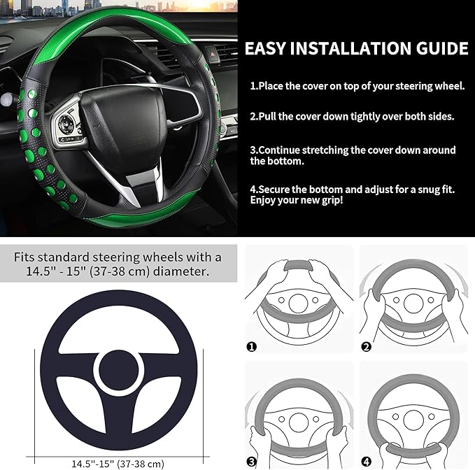 QCYP PU Leather Car Steering Wheel Cover with Anti-Slip Grip, for Women and Men, Universal Fit for 14.5-15 Inch Cars, Trucks, SUVs (Green (Round), Medium(Standard) Size[14 1/2''-15''])