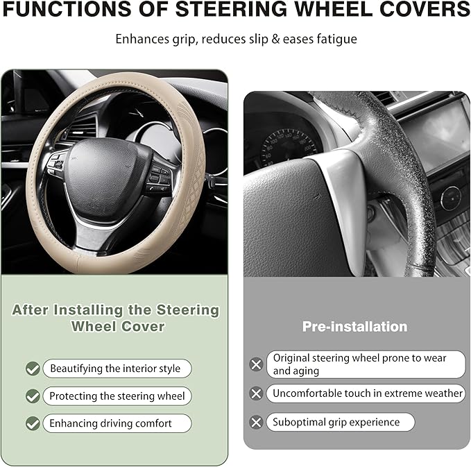【2025 Model】 Breathable Soft Leather Car Steering Wheel Cover for Men Women, Non-Slip, Comfortable,Universal 15 inches Steering Wheels, Beige