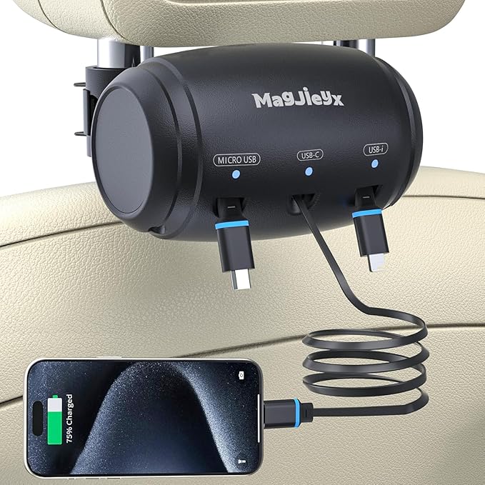 Multi Retractable Car Charging Station Box, 3 in 1 Headrest Fast Power Charging Dock Cord USB Type C Fits iPhone 16/15/14/iPad/Android/Samsung|Uber Lyft Backseat Passengers Share Rid