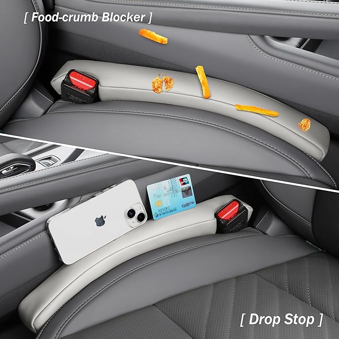 POKSRI Car seat Gap Filler, 2 Pack Leather Gap Organizers Stop Things from Dropping into The Gap Between seat and Console, Adjustable Width 1.4-2.4 inches Fit Most car/Truck/SUV, Accessories(Grey)