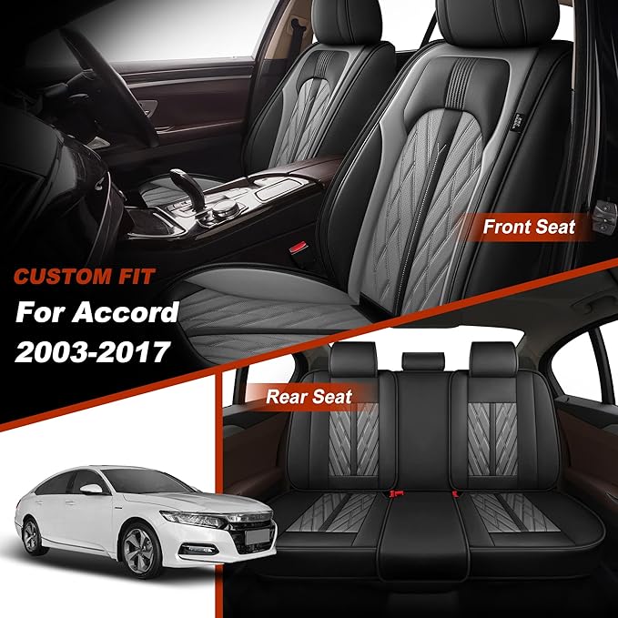TTX LIGHTING Seat Covers Fit for Honda Accord 2003-2017 Seat Covers Full Set Car Seat Covers Faux Leather Breathable Waterproof Car Seat Protector (5 Seats, Black&Grey)