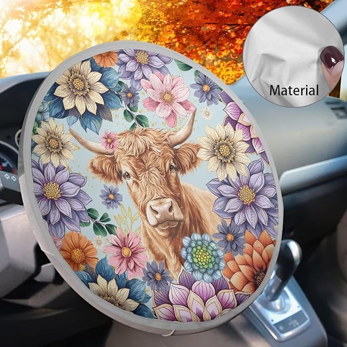 Highland Cow Reflective Steering Wheel Shield Sunshade Flower Car Rudder Sun Shade Cover 17 Inch Universal Steering Wheel Sun Block for Most Vehicle Gift for Holiday