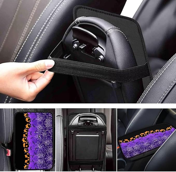 Mintutlipy Car Center Console Cushion Cover Car Interior Accessories Universal 12.3×7.5 Inches Automotive Armrest Protector-Halloween Spider Web Pumpkin