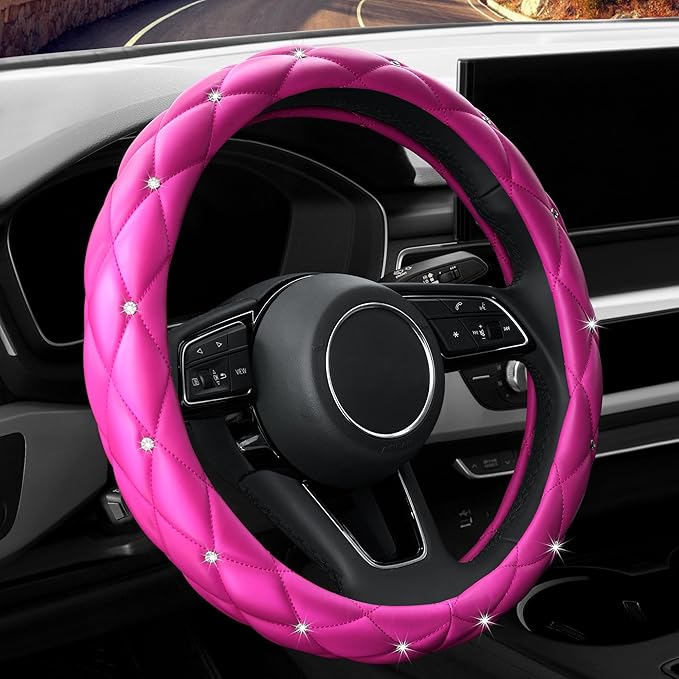 YOGURTCK Cute Diamond Soft Leather Anti-Slip Steering Wheel Cover with Bling Bling Crystal Rhinestones, Universal 15 Inch for Women Girls, Fit Vehicles, Sedans, SUVs, Vans, Trucks - Hot Pink