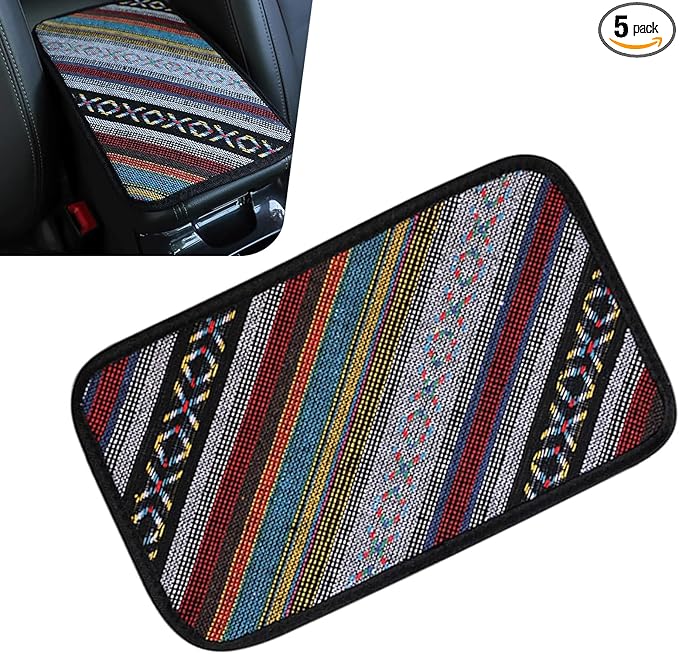 Car Center Console Cover, 12.6x7.5 Inch Car Armrest Pad, Boho Style Linen Armrest Seat Box Cover, Auto Armrest Cover Protector for Most Vehicle, SUV, Truck