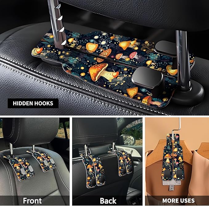 NUGGHU Car Seat Headrest Hook, Universal Leather Cute Hanger Holder Hook, Storage Organizer Interior Accessories for Purse Bags Handbag Cute Boho Mushrooms