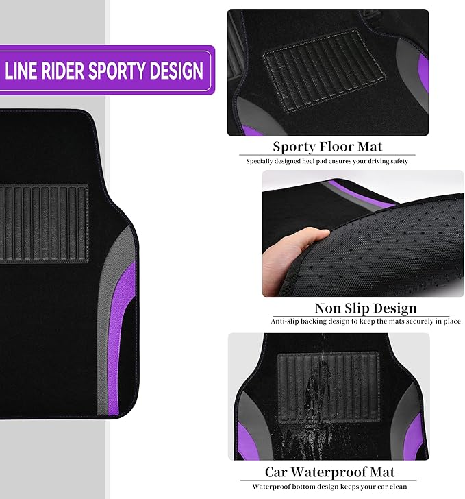 CAR PASS Leather Sporty Car Floor Mats Carpet,Universal Waterproof Automotive Floor Mat Fit for Sedans, Cars, Mid Trucks, Vans, SUV, Set of 4 (Black and Purple)